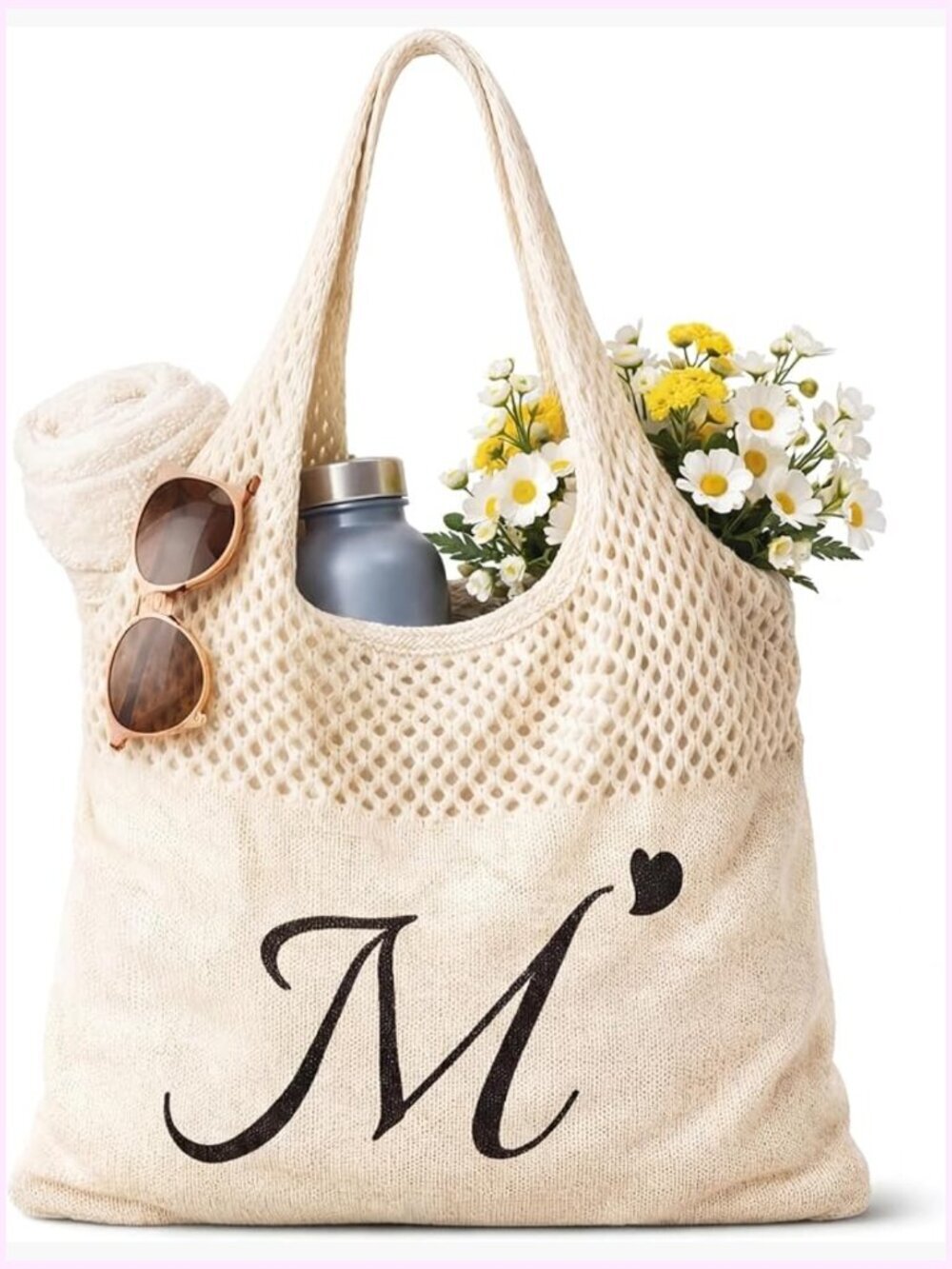 Personalized Crochet Tote Bag for Beach, Mesh Knit Shoulder Bag, Boho Tote